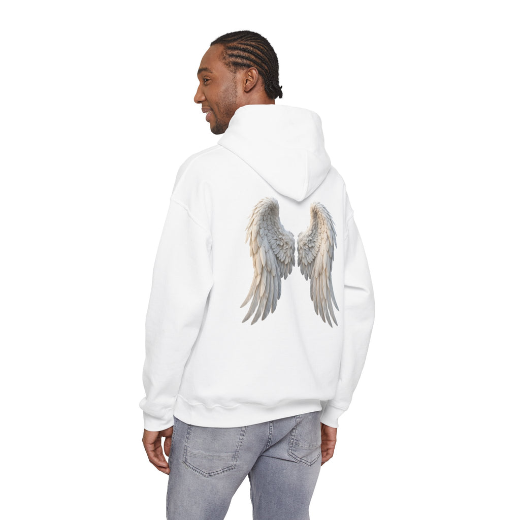 Angel Wings Hoodie — Soft White Back Graphic, Spiritual & Memorial Gift