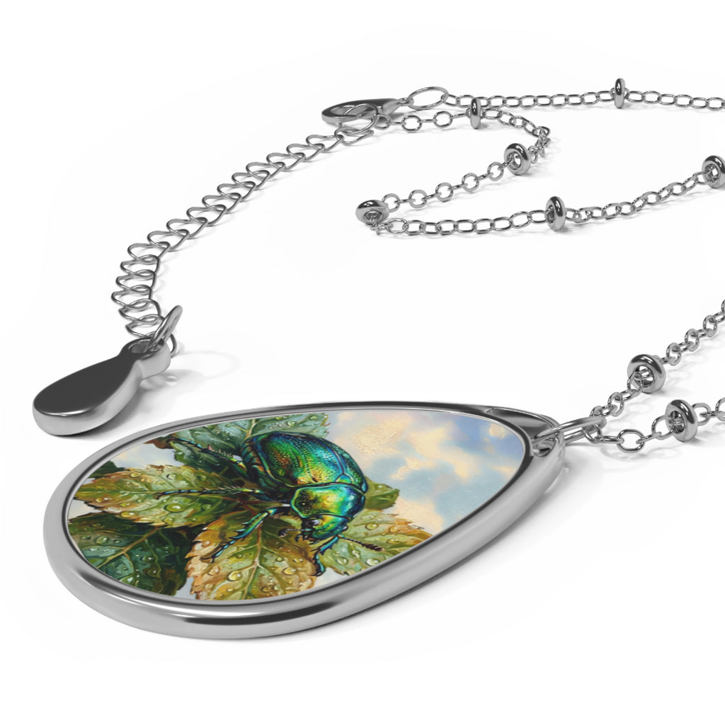 Silver Oval Pendant Necklace with Botanical Beetle Art – Nature-Inspired Teardrop Locket