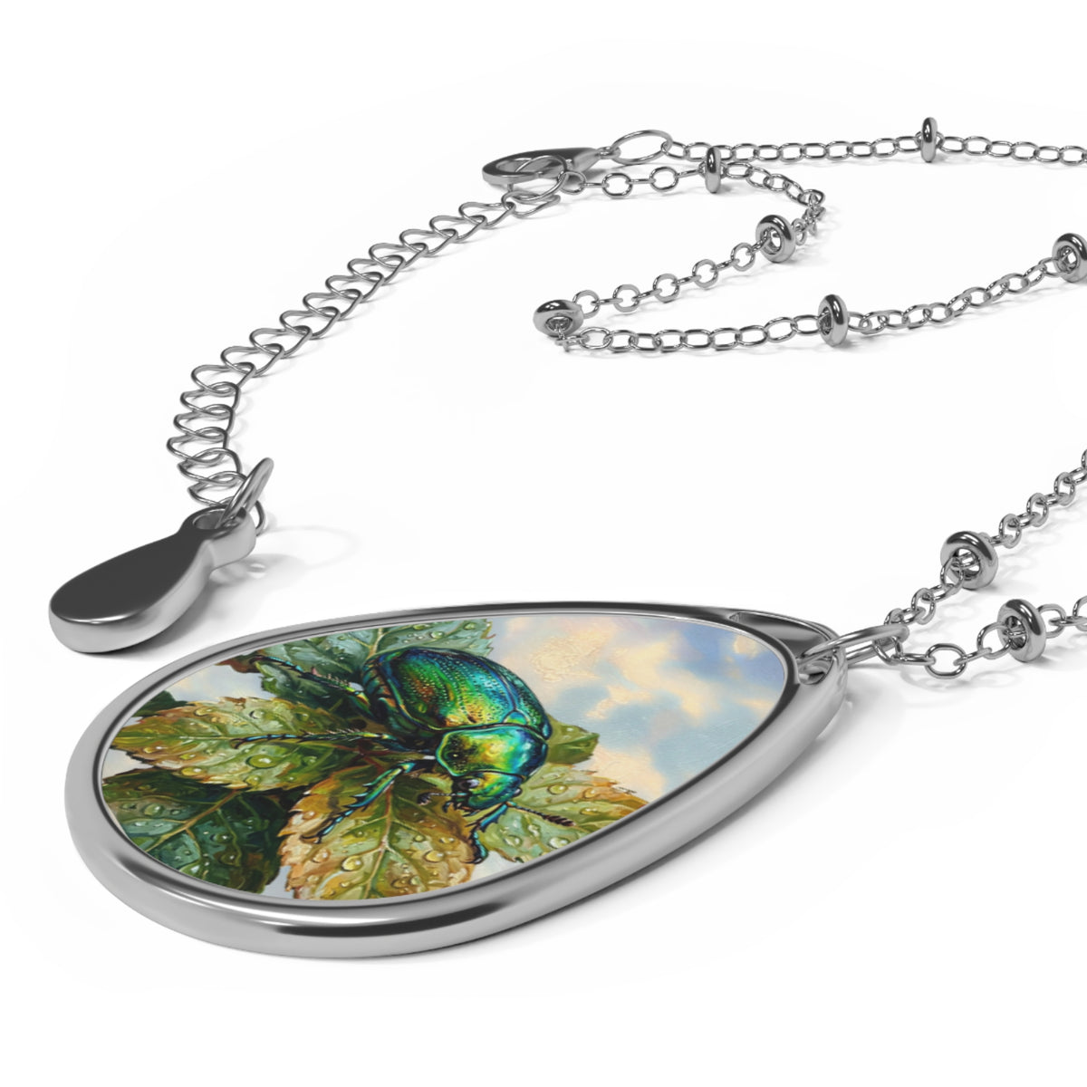 Silver Oval Pendant Necklace with Botanical Beetle Art – Nature-Inspired Teardrop Locket