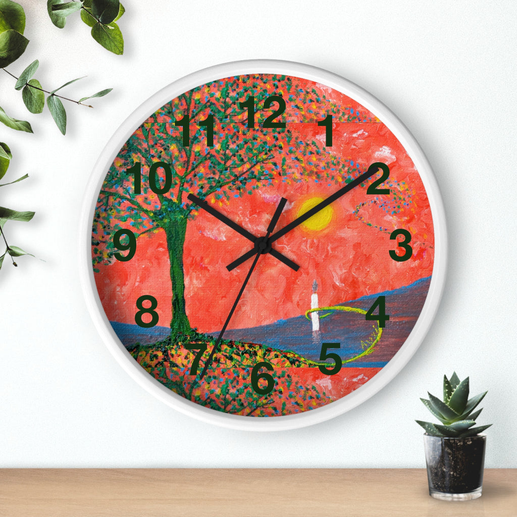 Sunset Reflection Wall Clock — Colorful Tree Lake Art Clock