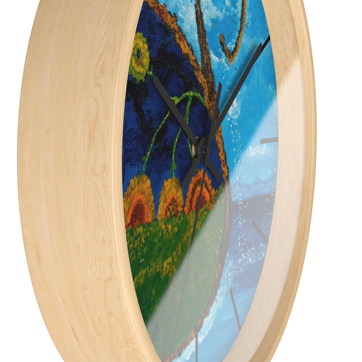 Coastal Sunrise Art Wall Clock — Whimsical Seascape with Sunflowers