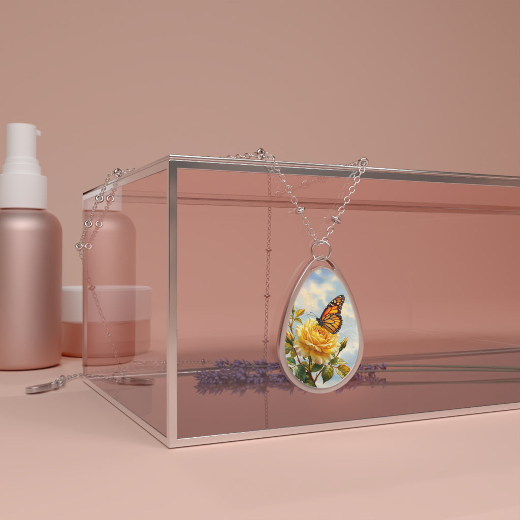 Oval Necklace - Butterfly & Yellow Rose Teardrop Pendant