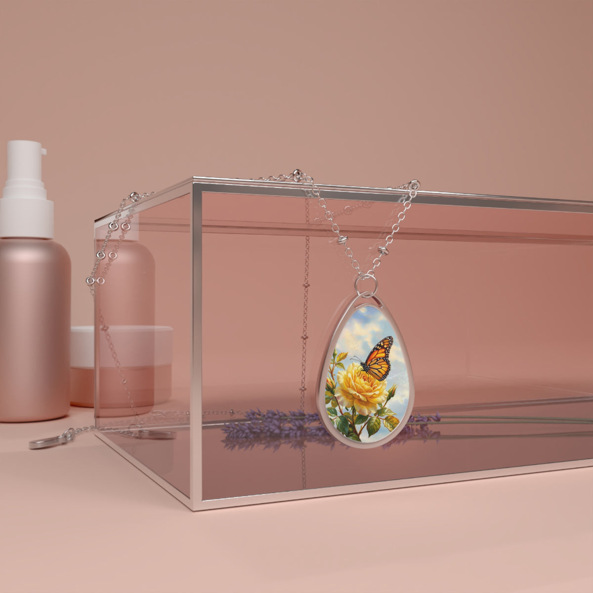 Oval Necklace - Butterfly & Yellow Rose Teardrop Pendant