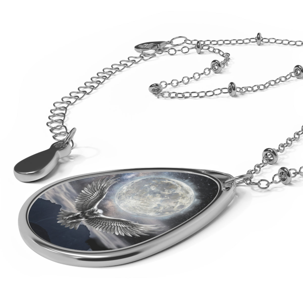 Moon Owl Oval Necklace - Silver Teardrop Pendant with Full Moon Design