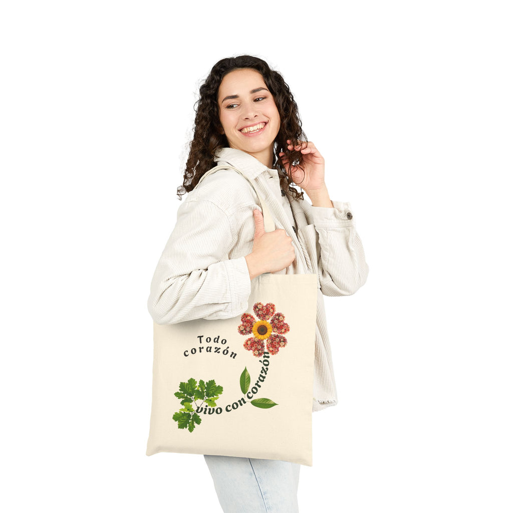Tote Bag — 'Todo Corazón, Vivo con Corazón' Floral Cotton Canvas Tote