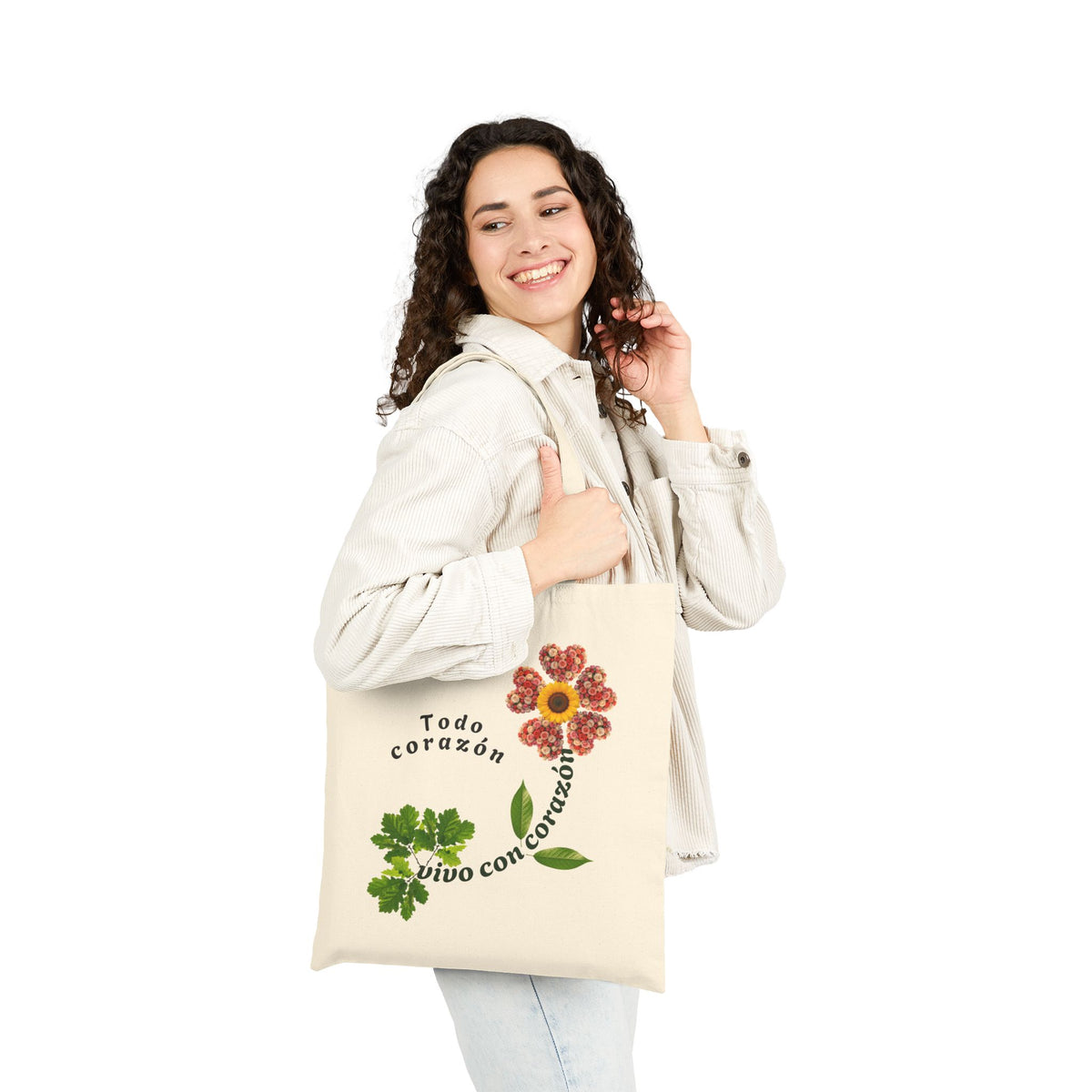 Tote Bag — 'Todo Corazón, Vivo con Corazón' Floral Cotton Canvas Tote