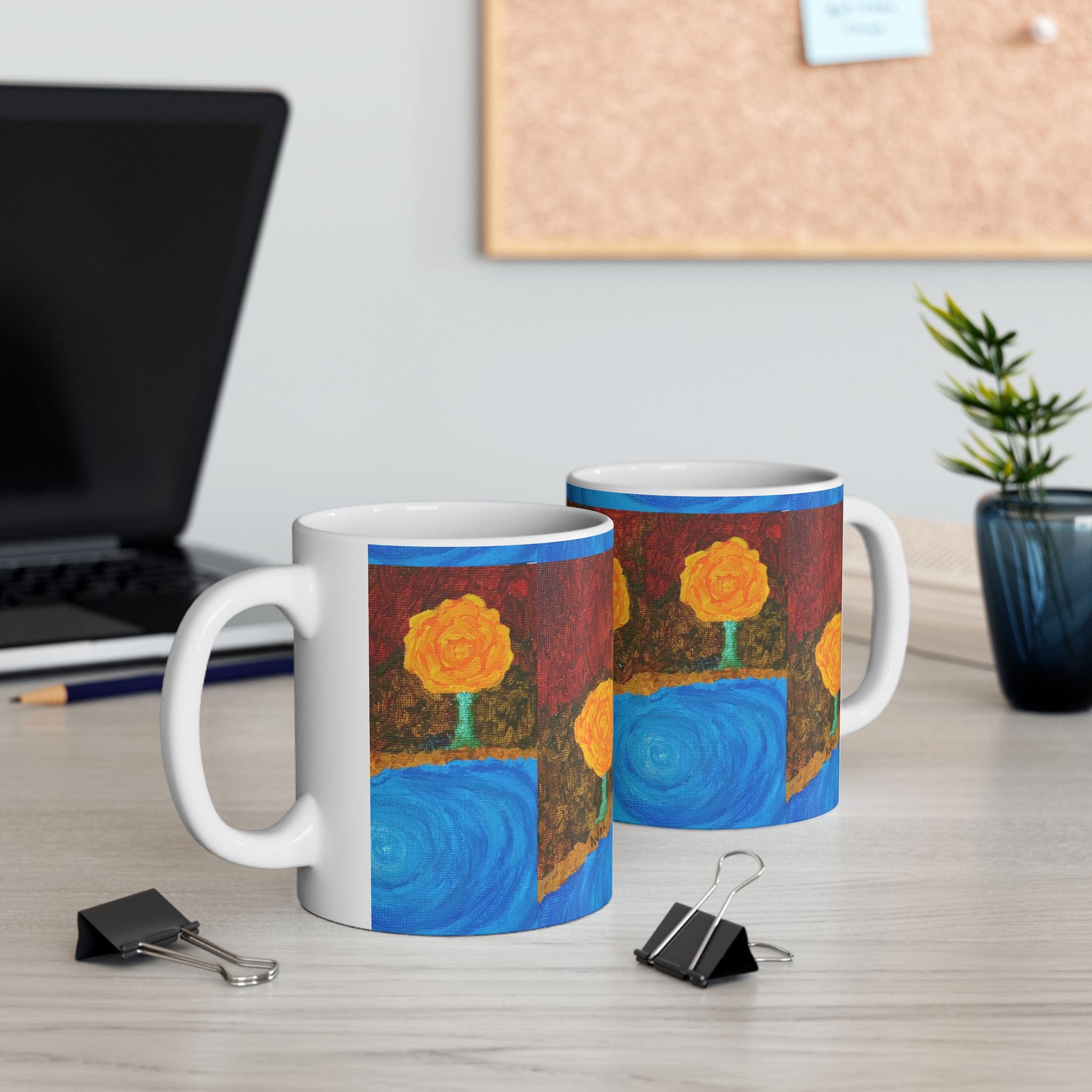 Yellow Rose Floral Mug — Artistic River Landscape Ceramic Coffee Cup (11oz, 15oz)