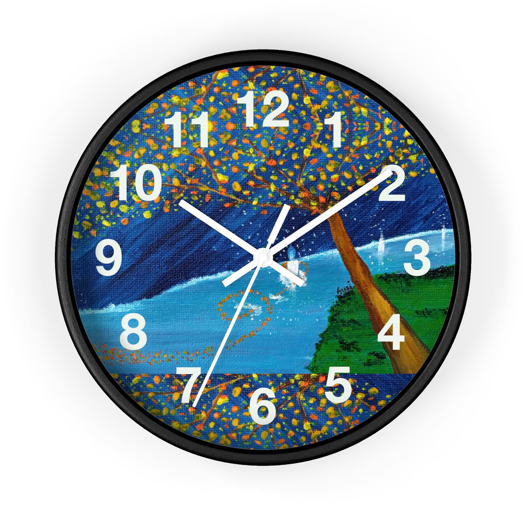 Coastal Tree Nightscape Wall Clock — Colorful Seaside Landscape Timepiece