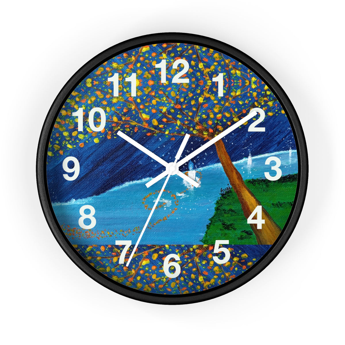 Coastal Tree Nightscape Wall Clock — Colorful Seaside Landscape Timepiece
