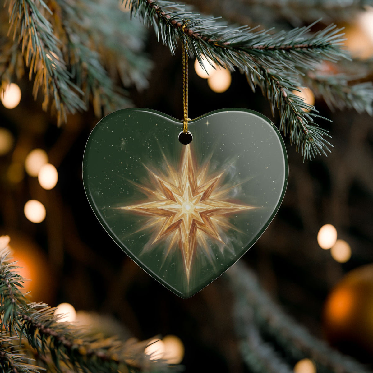 Starburst Ceramic Heart Ornament — Gold Star Christmas Decoration