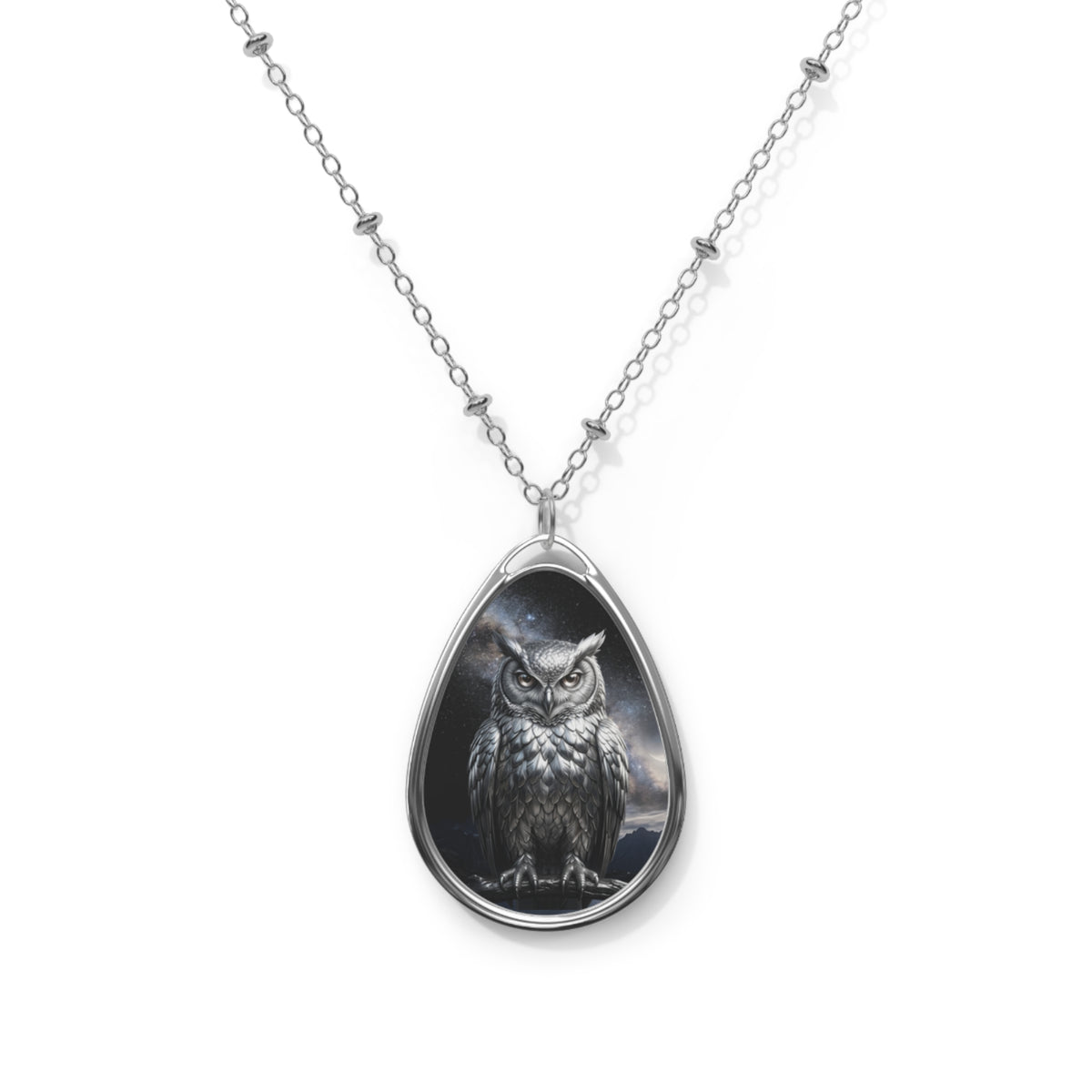 Owl Oval Pendant Necklace – Gothic Moonlit Owl Teardrop Jewelry