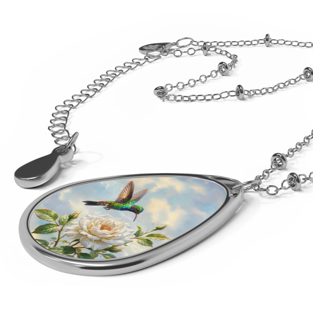 Hummingbird & Rose Oval Pendant Necklace — Vintage Floral Teardrop Jewelry