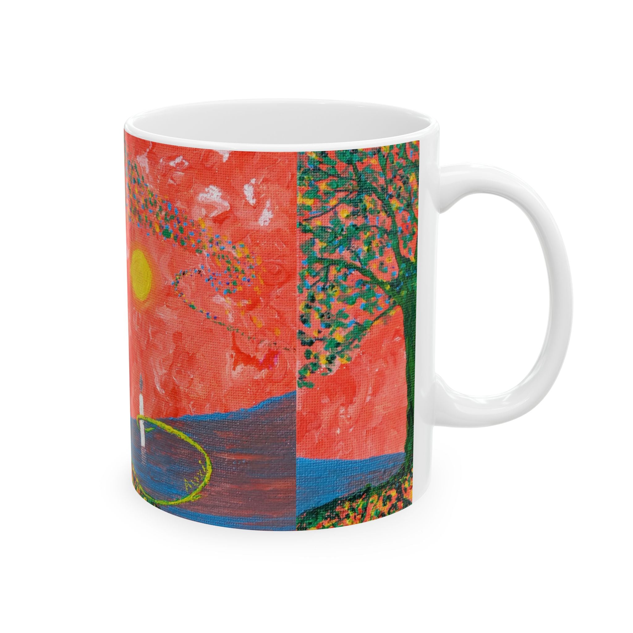 Artistic Sunset Ceramic Mug — Red Landscape with Tree & Lone Figure (11oz/15oz)