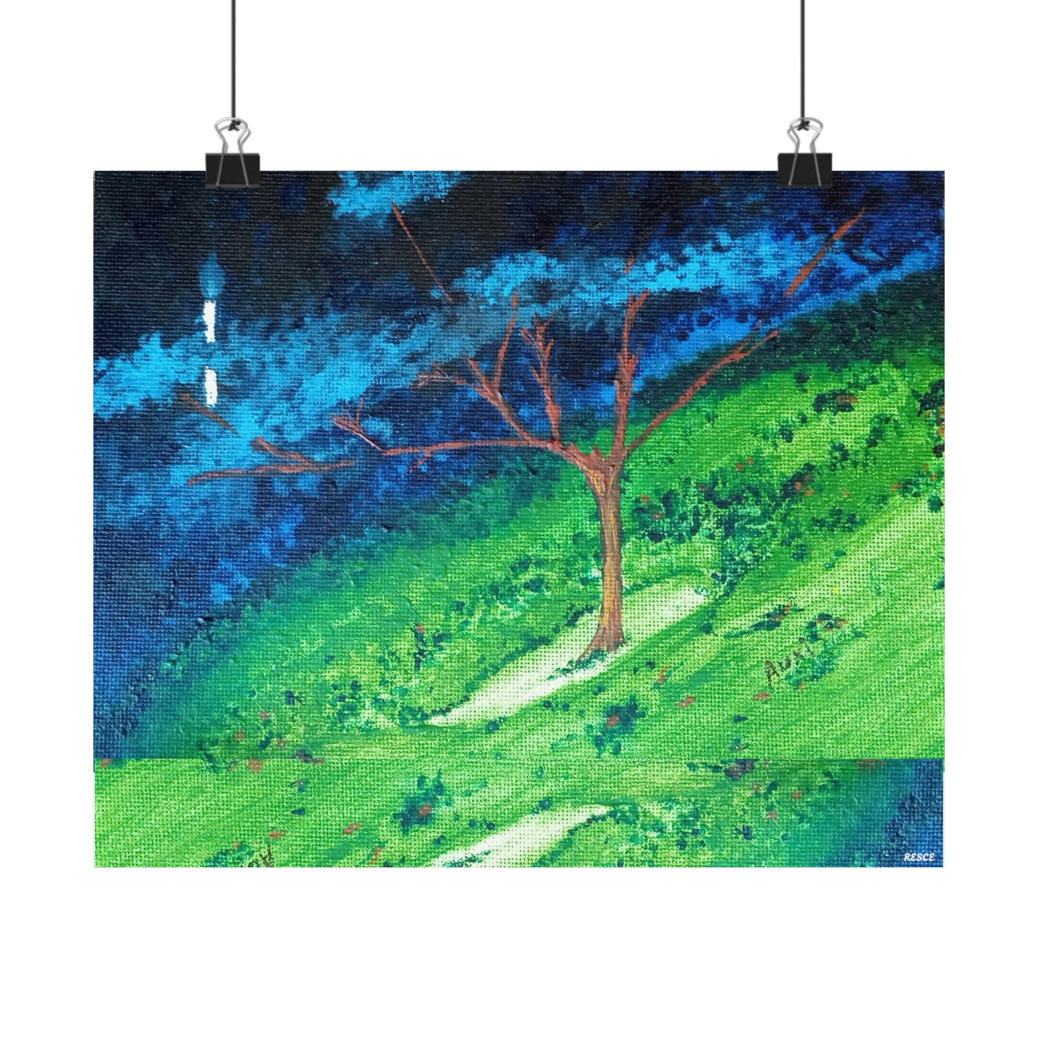 Satin Poster — Serene Hillside Tree Landscape Art Print (300gsm)