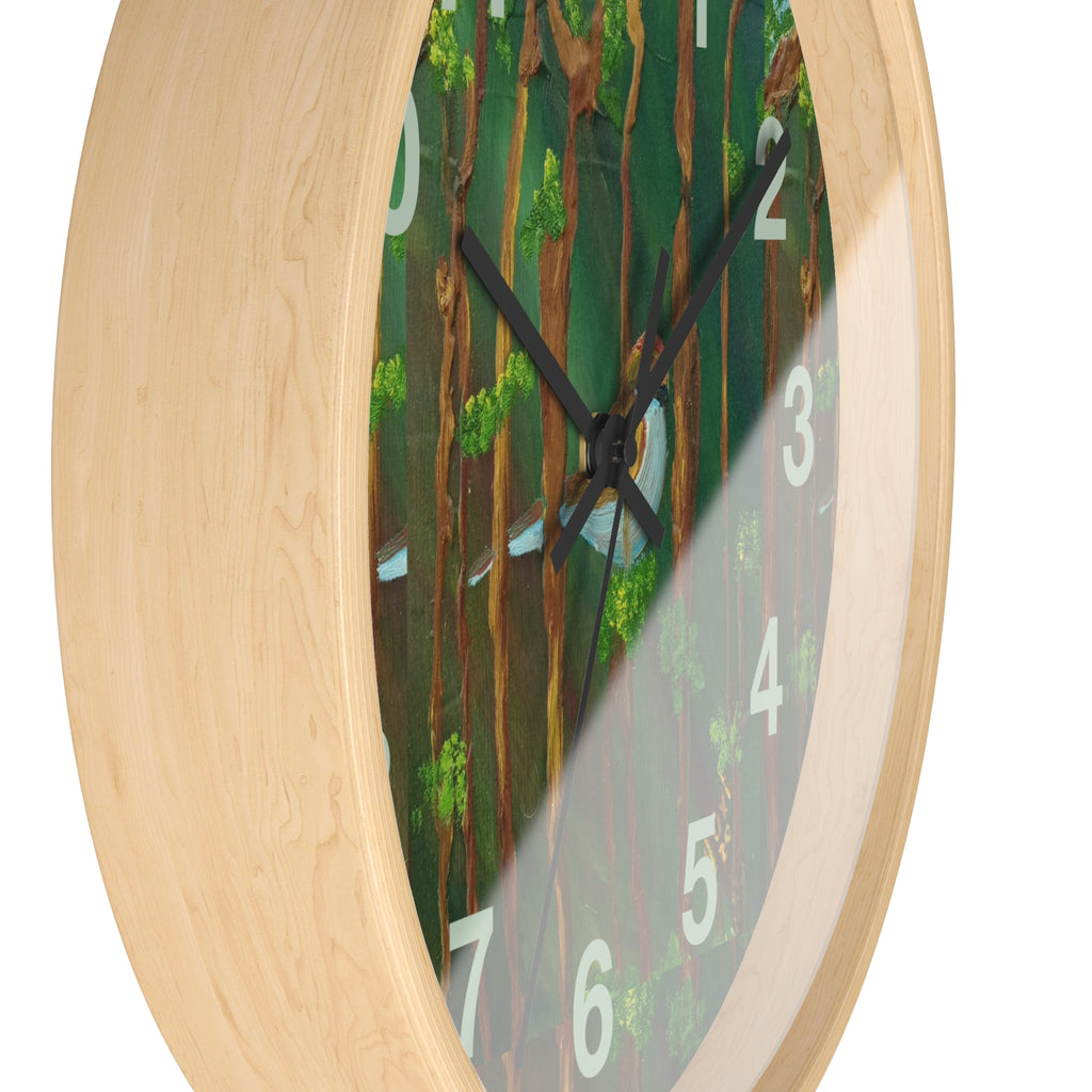 Forest Bird Wall Clock — Nature-Inspired Pine Tree Timepiece with Blue Jay Artwork