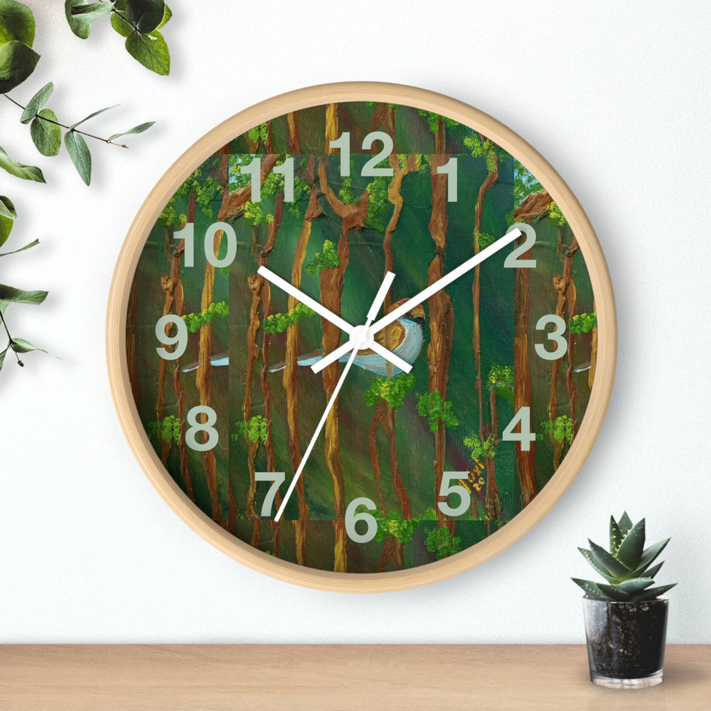 Forest Bird Wall Clock — Nature-Inspired Pine Tree Timepiece with Blue Jay Artwork