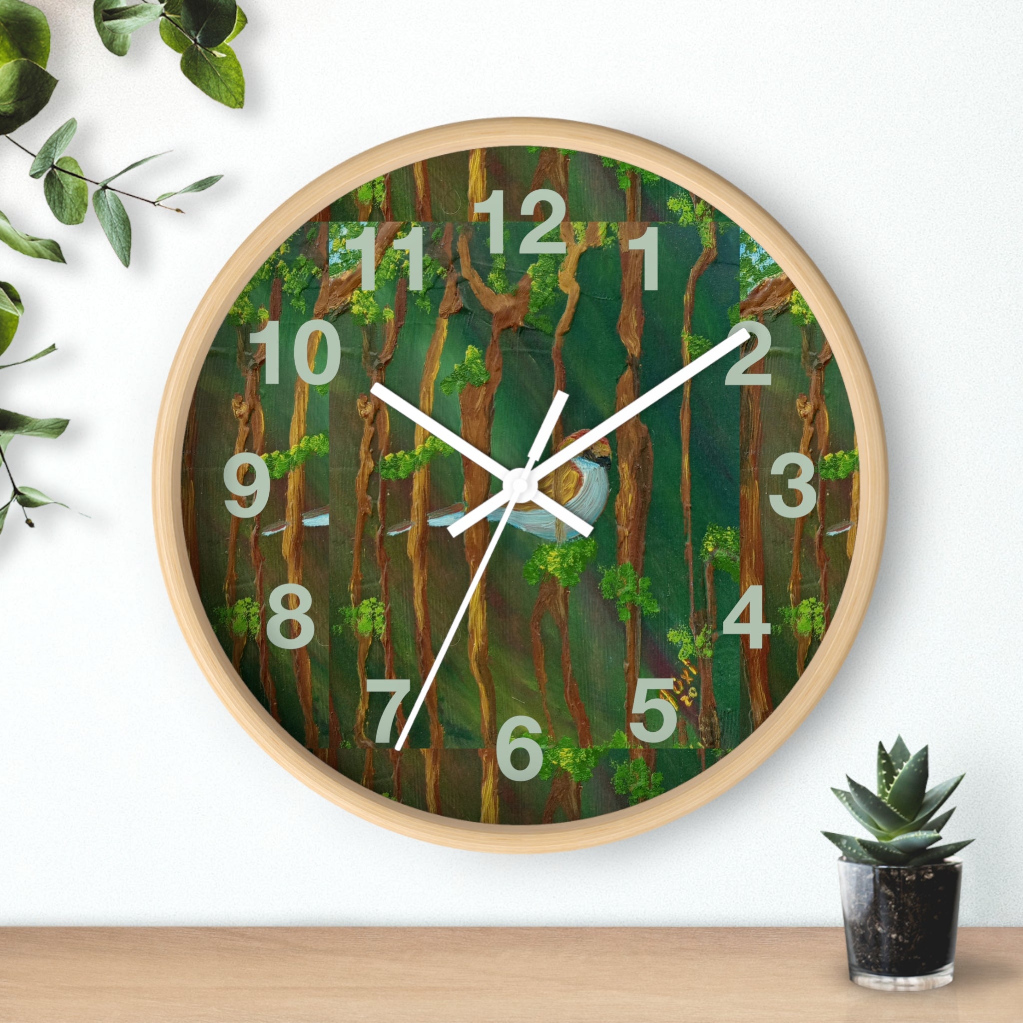 Forest Bird Wall Clock — Nature-Inspired Pine Tree Timepiece with Blue Jay Artwork