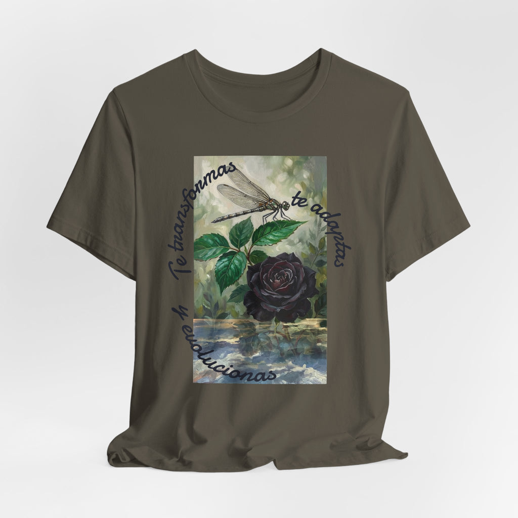 T‑Shirt — Vintage Botanical Dragonfly with Spanish Quote (“Te transformarás, te despertarás y evolucionas”)