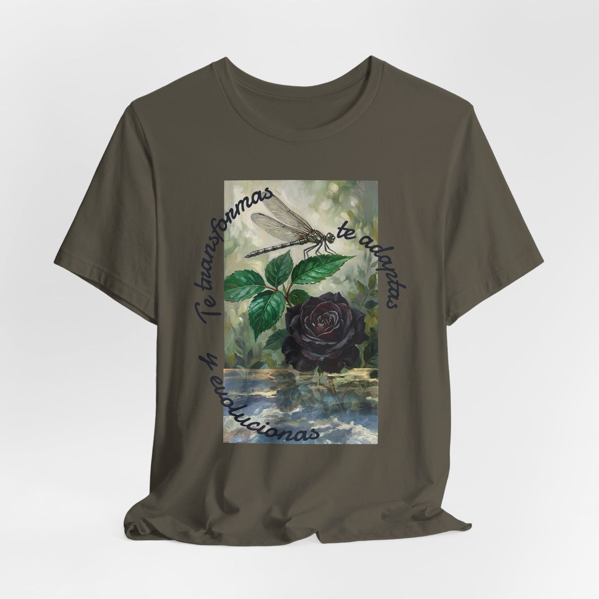 T‑Shirt — Vintage Botanical Dragonfly with Spanish Quote (“Te transformarás, te despertarás y evolucionas”)