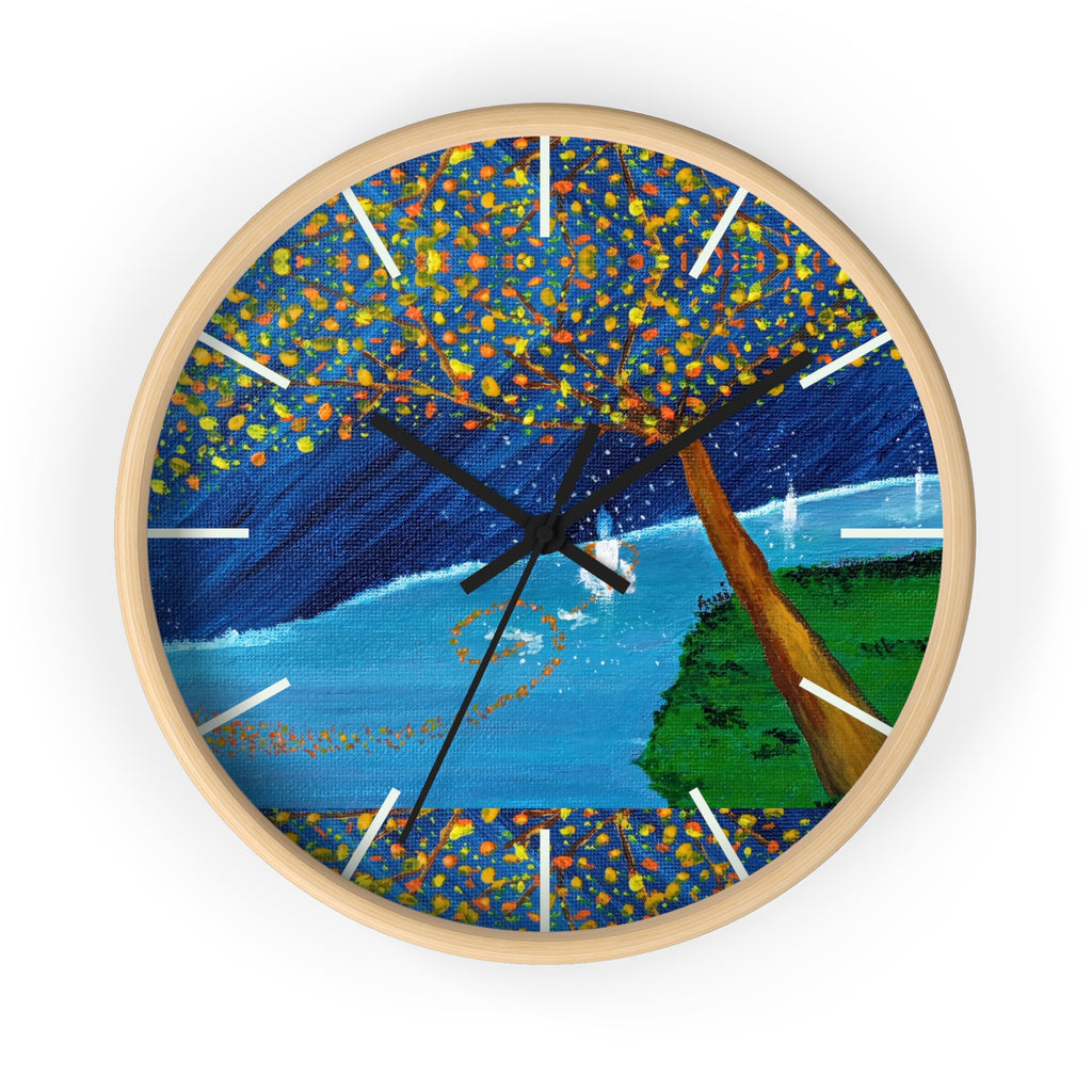 Coastal Tree Nightscape Wall Clock — Colorful Seaside Landscape Timepiece