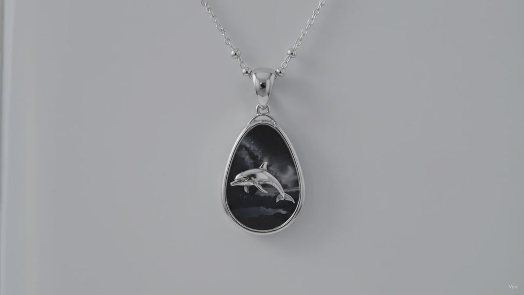 Dolphin Moon Oval Pendant Necklace