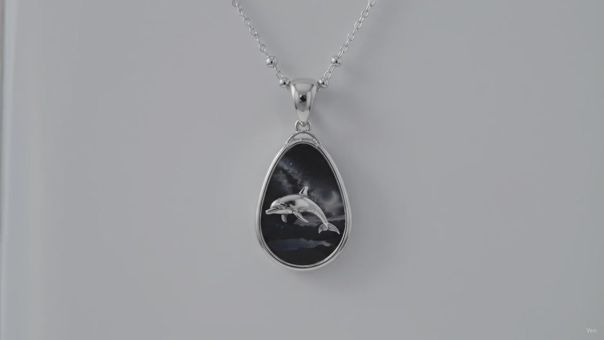 Dolphin Moon Oval Pendant Necklace