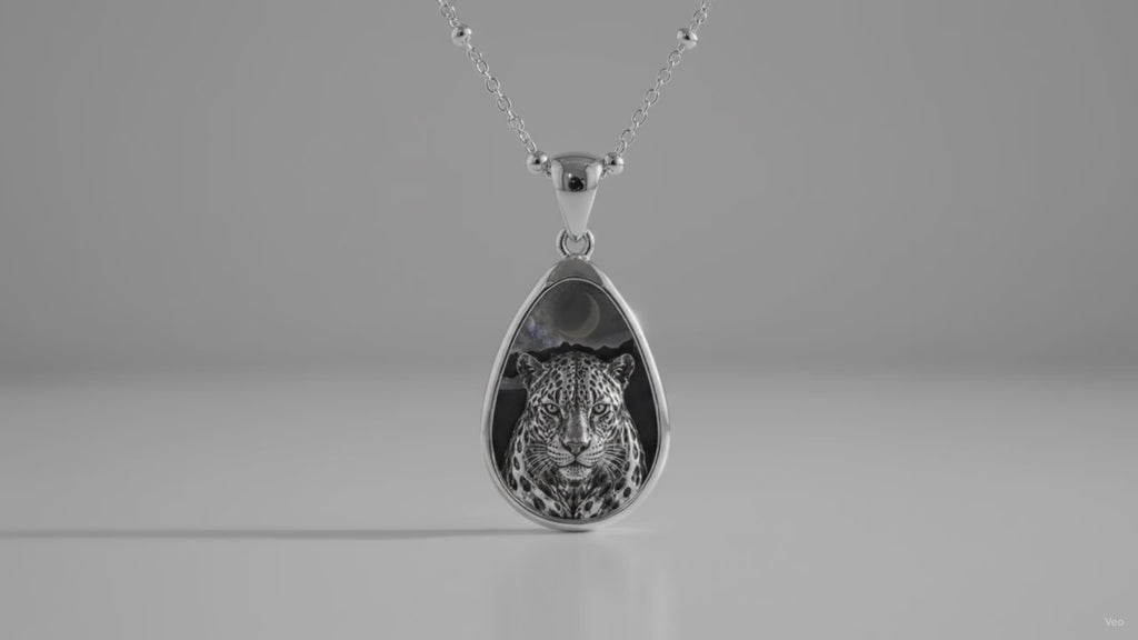 Leopard Moon Oval Necklace — Silver Teardrop Pendant with Night Sky Leopard Design