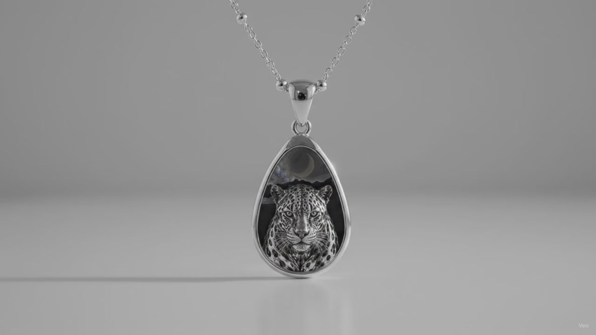 Leopard Moon Oval Necklace — Silver Teardrop Pendant with Night Sky Leopard Design