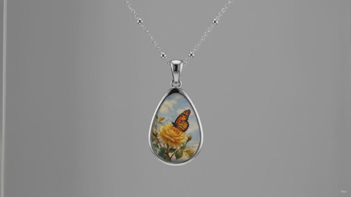 Oval Necklace - Butterfly & Yellow Rose Teardrop Pendant