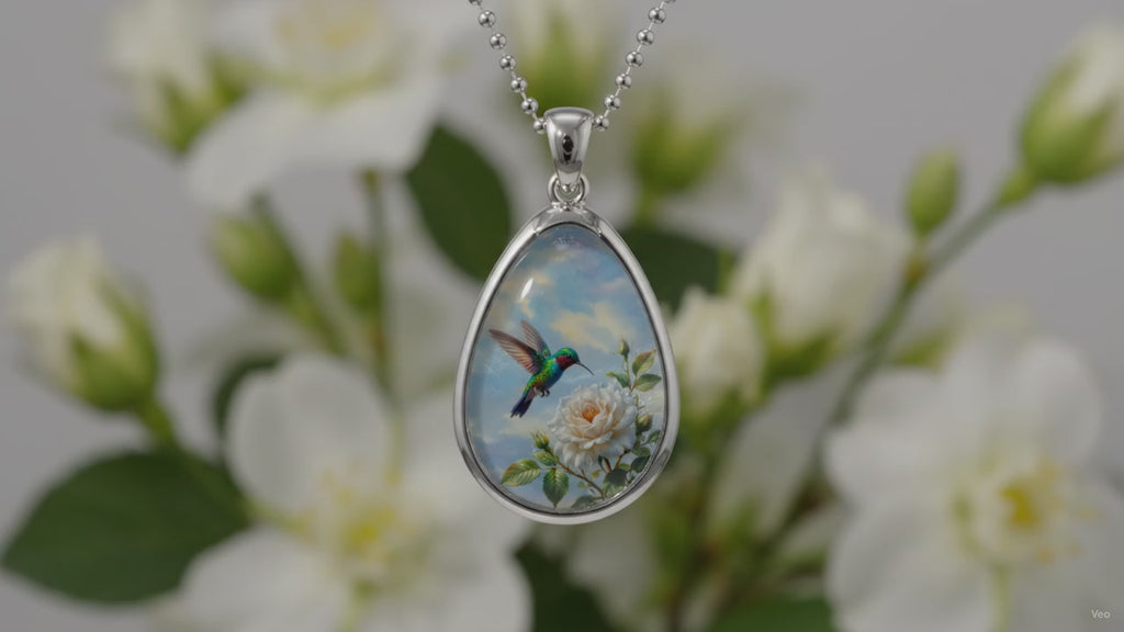 Hummingbird & Rose Oval Pendant Necklace — Vintage Floral Teardrop Jewelry