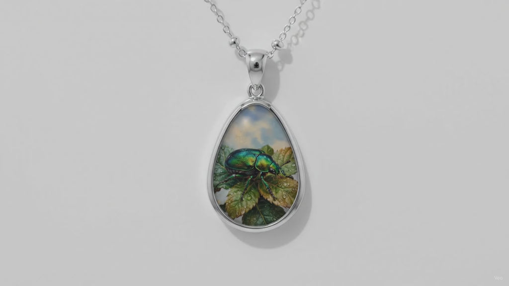 Silver Oval Pendant Necklace with Botanical Beetle Art – Nature-Inspired Teardrop Locket