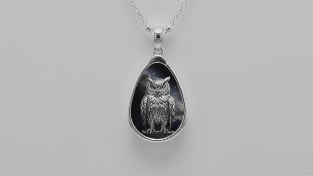 Owl Oval Pendant Necklace – Gothic Moonlit Owl Teardrop Jewelry