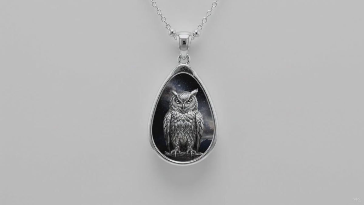 Owl Oval Pendant Necklace – Gothic Moonlit Owl Teardrop Jewelry