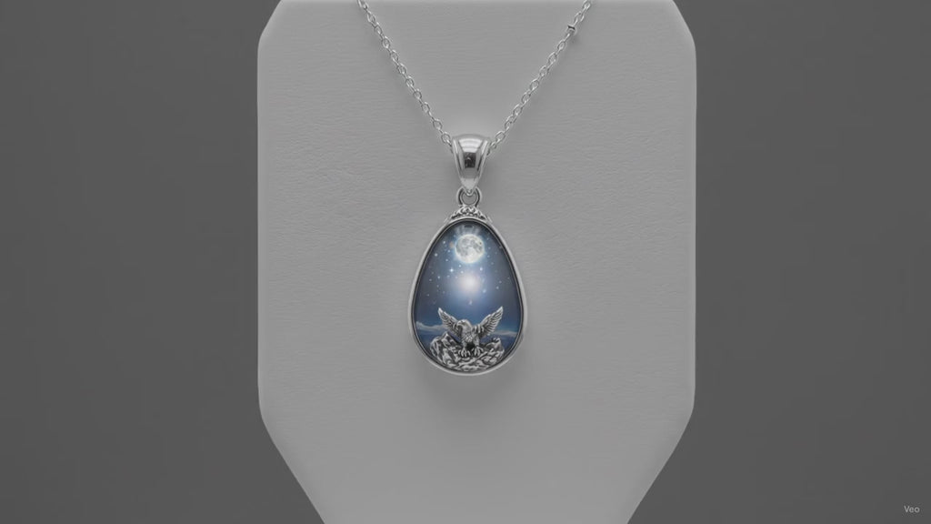 Moon Owl Oval Necklace - Silver Teardrop Pendant with Full Moon Design