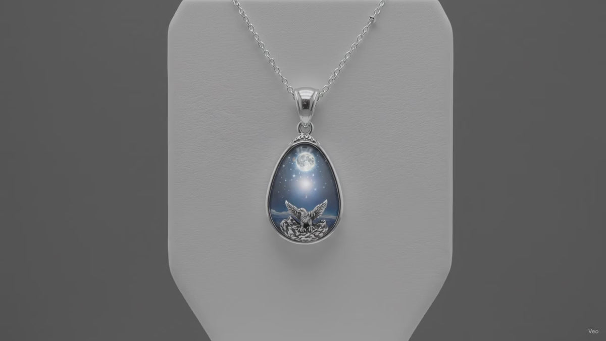 Moon Owl Oval Necklace - Silver Teardrop Pendant with Full Moon Design