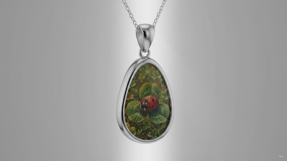 Ladybug Clover Oval Necklace — Silver Teardrop Pendant with Lucky Ladybug Art